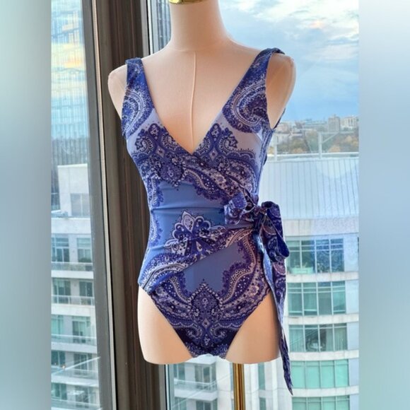 🆕 ZIMMERMANN 🧿 NWOT Wrap-Effect Paisley Print 1PC Swimsuit, Purple, Sz US 2/4 - Picture 11 of 16
